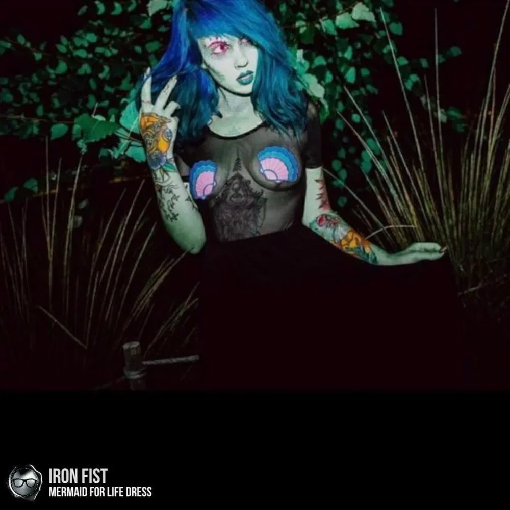 IRON FIST/DOLLS KILL MERMAID FOR LIFE LAYERED MESH DRESS IN BLACK HALLOWEEN MIDI